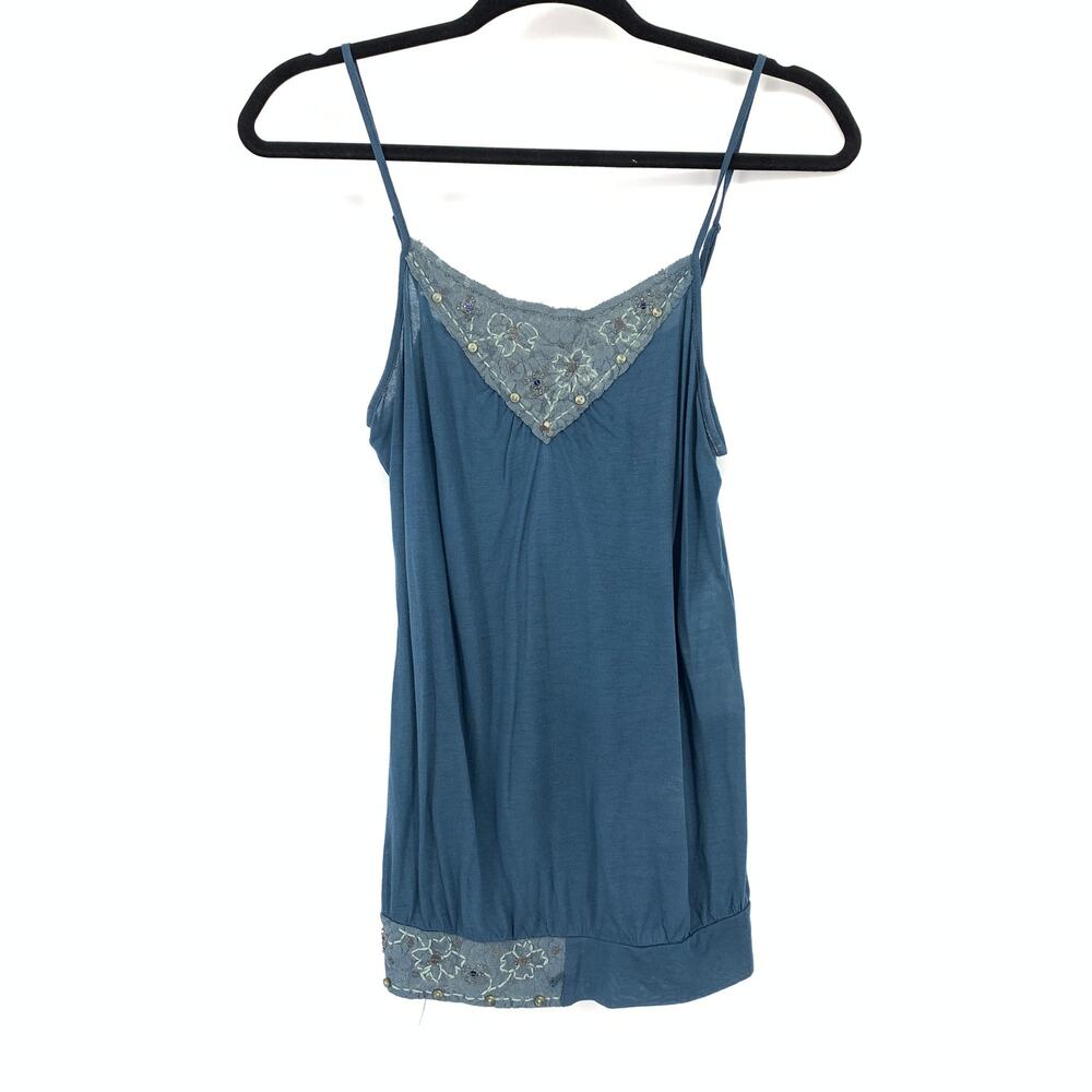 Kookai Cami Tank Top Womens Size 1 US S Teal Blue Embellished Trim Sleeveless